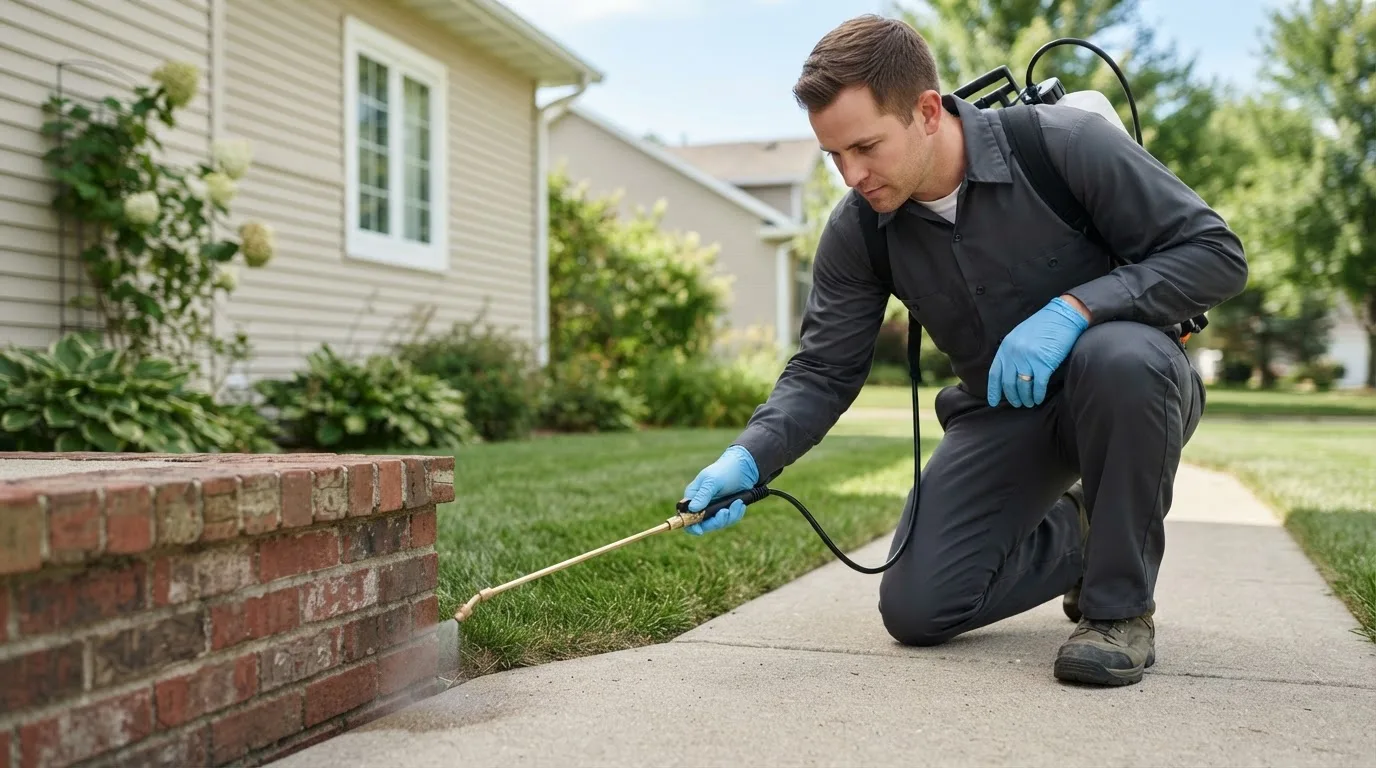 Pest control technician treating a home near Hugoton, KS